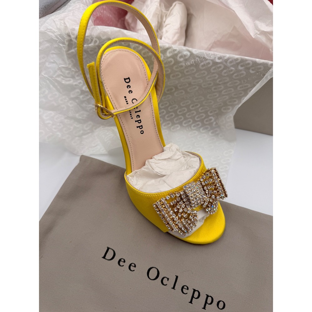 #B140 Dee Ocleppo Satin Bow Sandals Sz. 35 Yellow NWB Crystal Stiletto‎